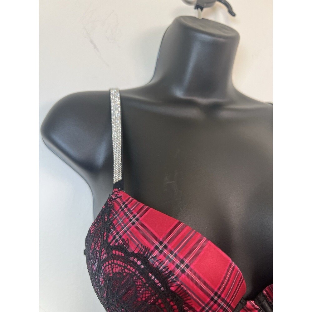 Victoria Secret Bra 34B Bombshell Push Up Red Black Plaid Shine Strap Lace Bling - Picture 3 of 7